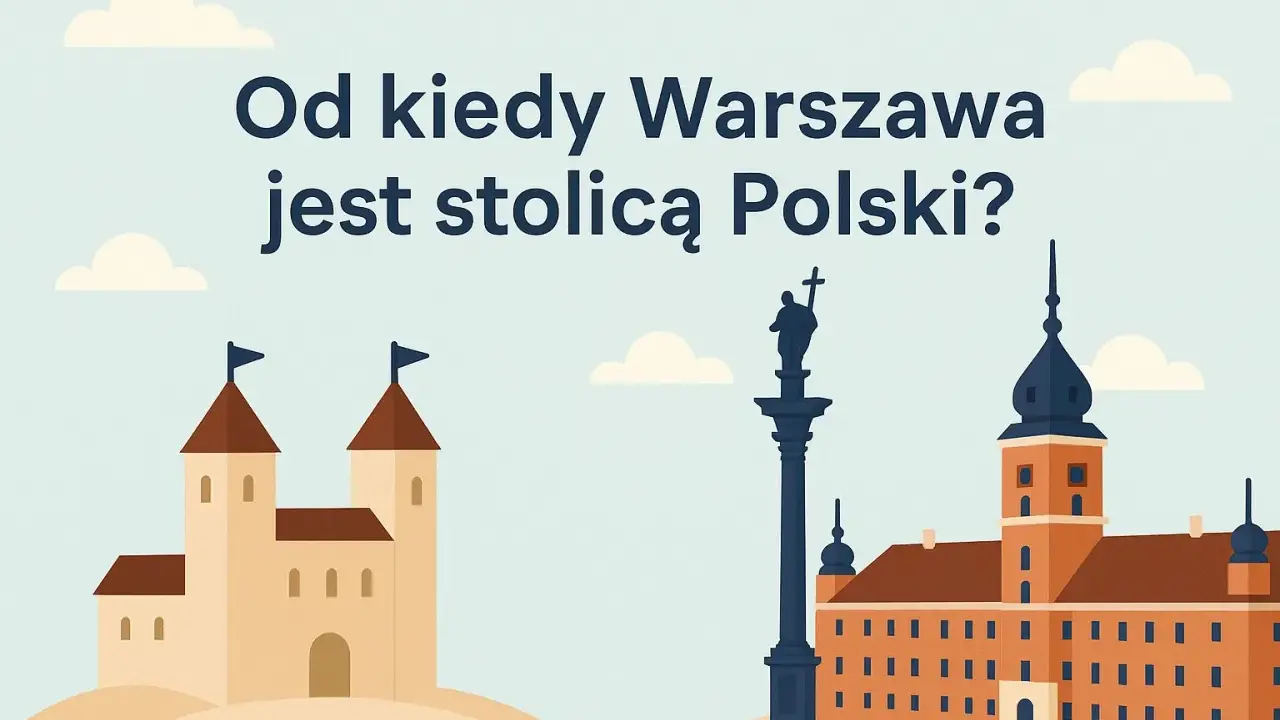 Ilustracja z pytaniem "Od kiedy Warszawa jest stolicą Polski?" przedstawia zamek, kolumnę Zygmunta i Zamek Królewski.