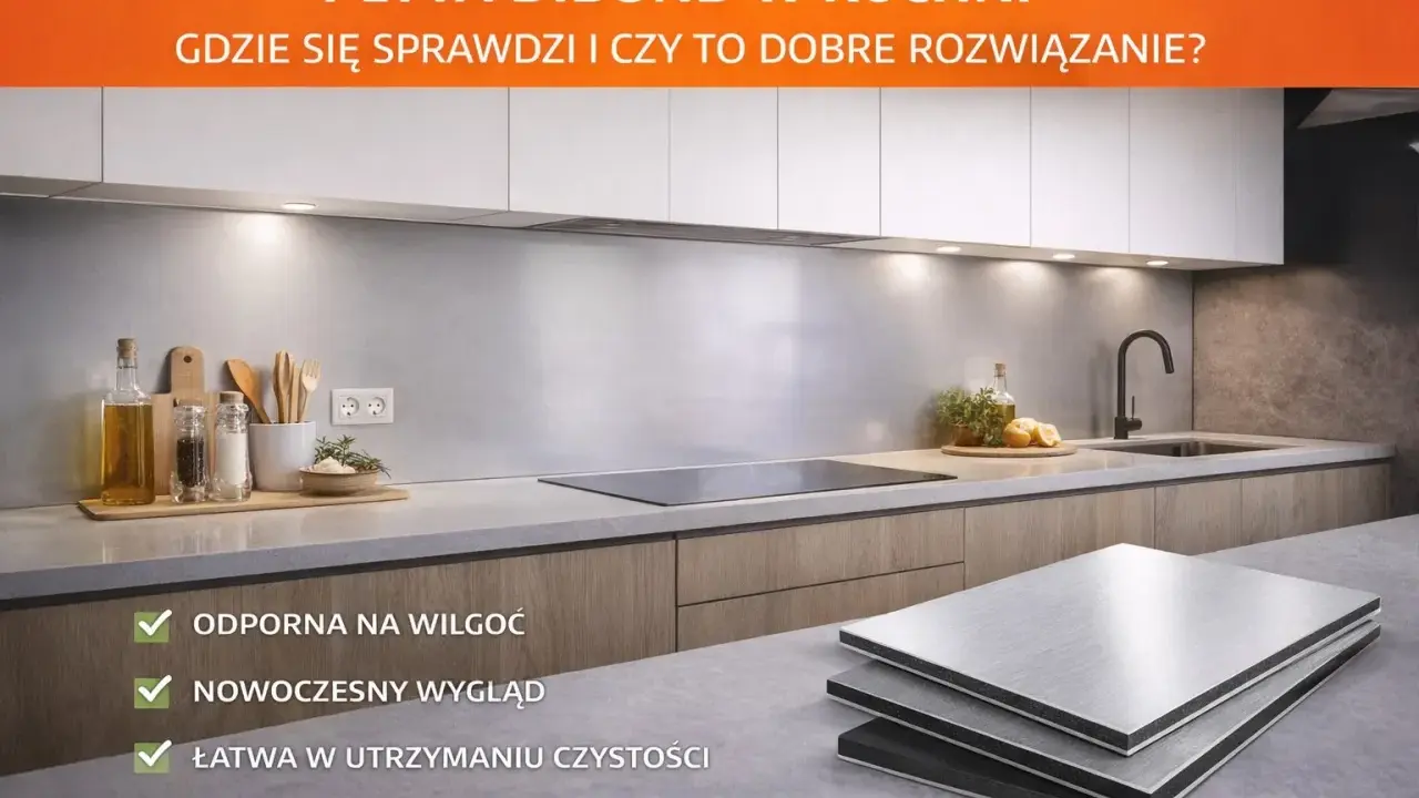 Nowoczesna kuchnia z płytą dibond jako panelem ściennym. Odporna na wilgoć, łatwa w czyszczeniu.