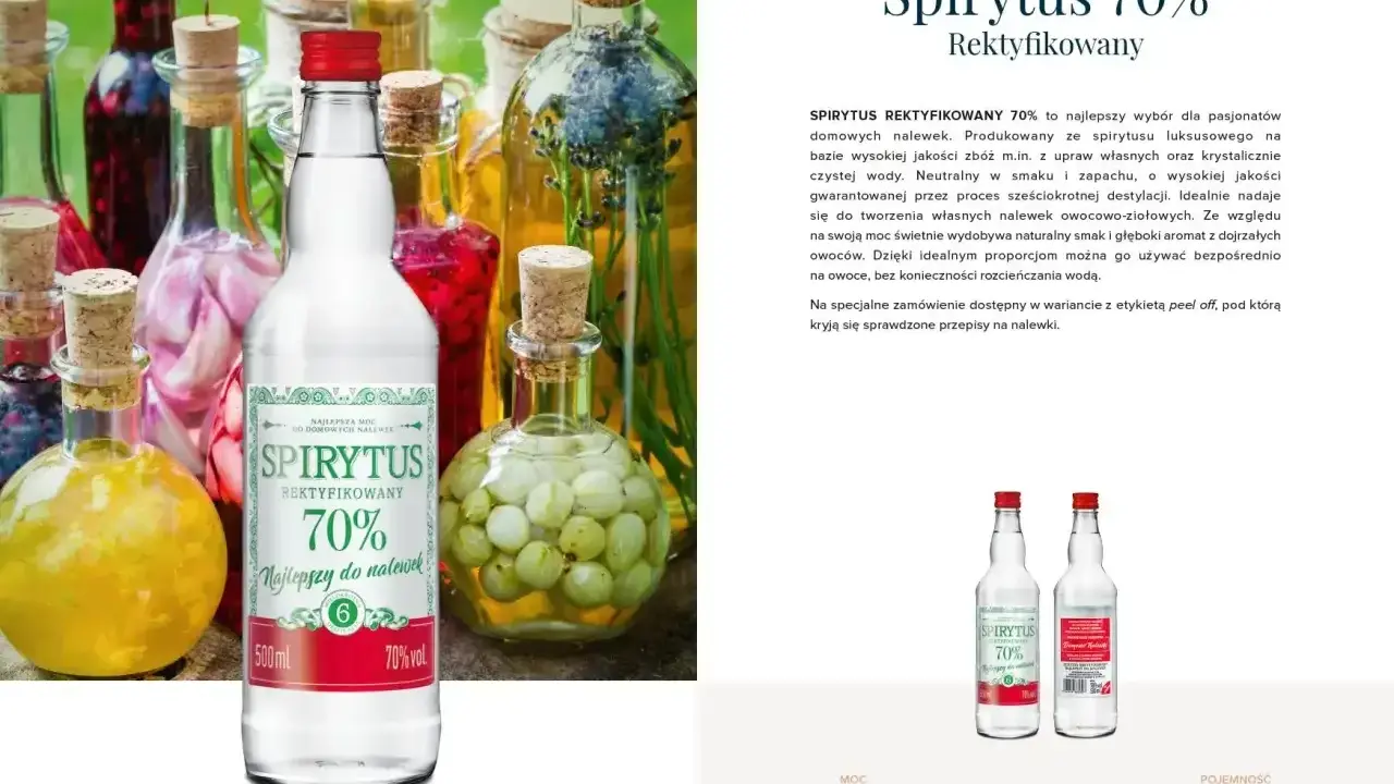 Butelka spirytusu 70% z etykietą "Najlepszy do nalewek". W tle kolorowe nalewki w butelkach. Jaki spirytus do nalewek? Ten rektyfikowany!