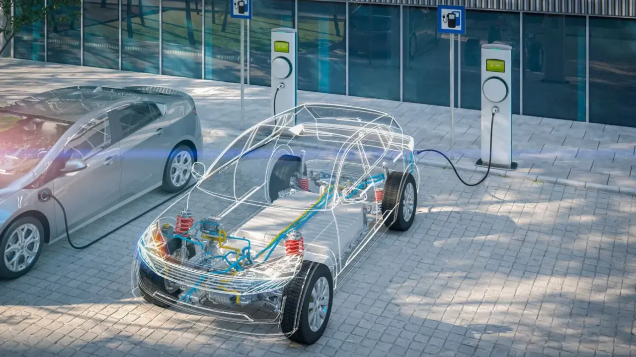 Esquema de coche eléctrico en carga, mostrando su interior y la batería, un paso clave para el reciclaje de baterías.