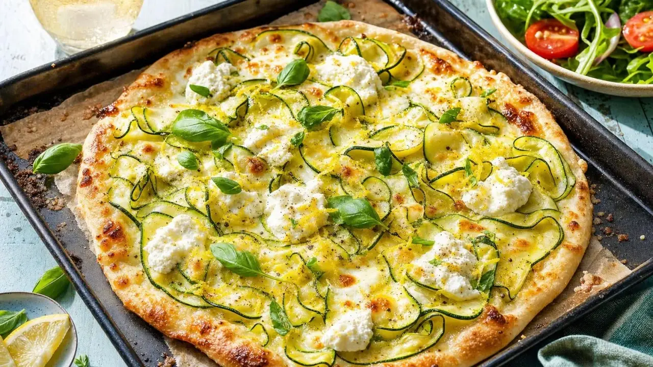 Délicieuse pizza courgette, ricotta et basilic, garnie de zeste de citron, sur une plaque de cuisson.