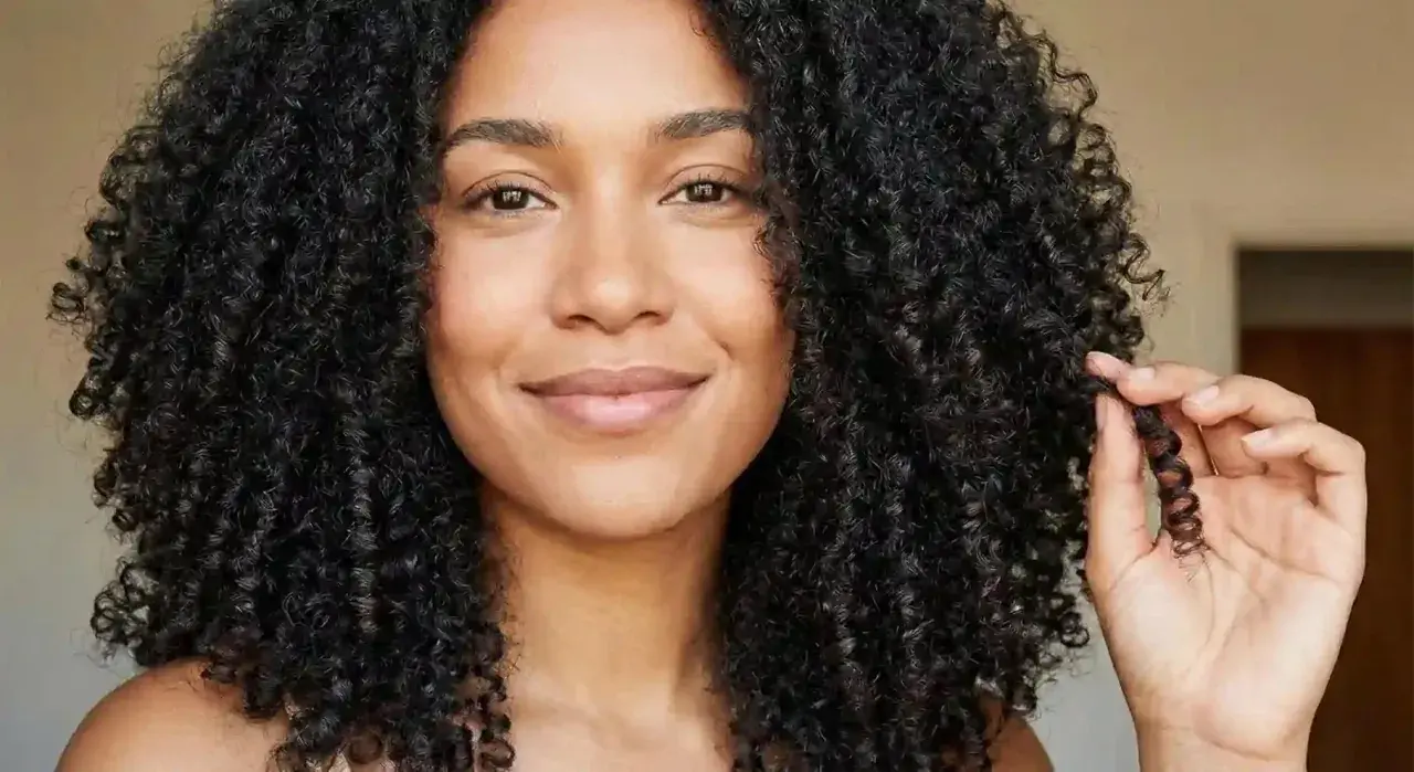 Une femme aux cheveux bouclés et brillants, elle joue avec une mèche formant un joli noeud boucle.