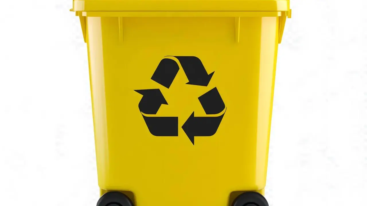 Żółty kosz na śmieci z symbolem recyklingu. Pamiętaj o segregacji, by ułatwić recykling aluminium.