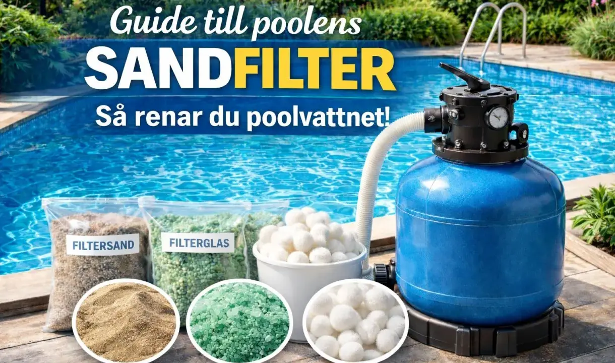 En blå sandfilterpump står bredvid en pool. Framför syns påsar med filtersand, filterglas och filterbollar.