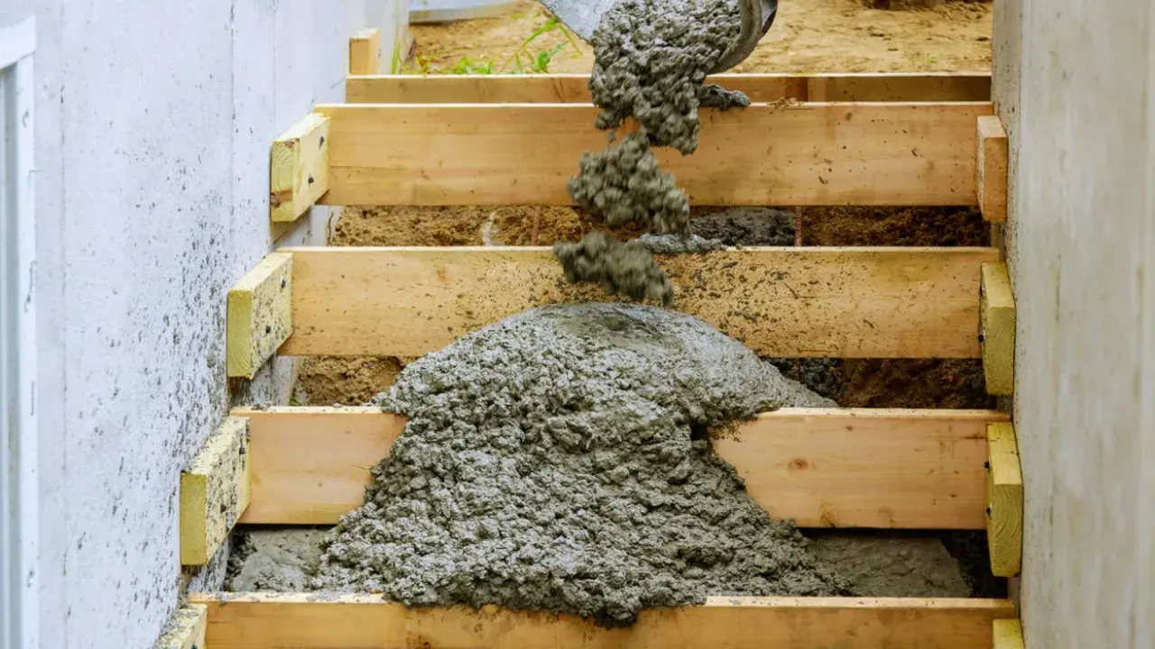 Vertido de hormigón fresco en el armado de una escalera de madera.
