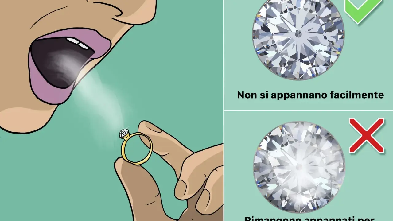 Test per verificare se i diamanti veri si appannano. Un soffio d'aria su un anello con diamante.