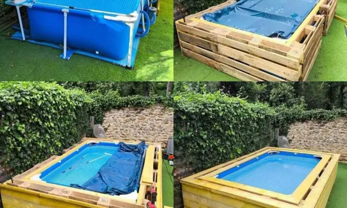 Proceso de forrar piscina desmontable con madera. Se muestra la piscina inicial, la estructura de palets, y el acabado final con madera.