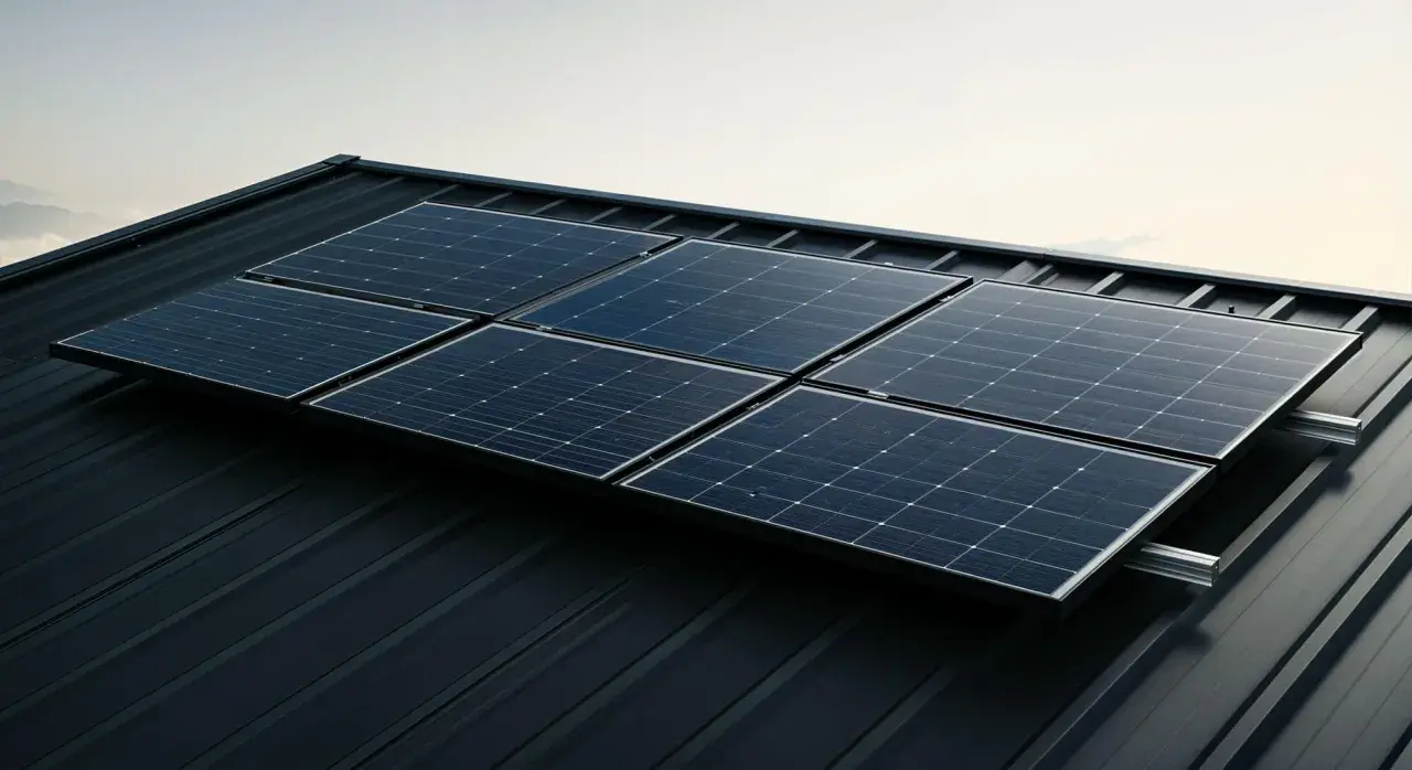 Sju solpaneler, var och en med en storlek på solpanel 400w, monterade på ett mörkt plåttak.