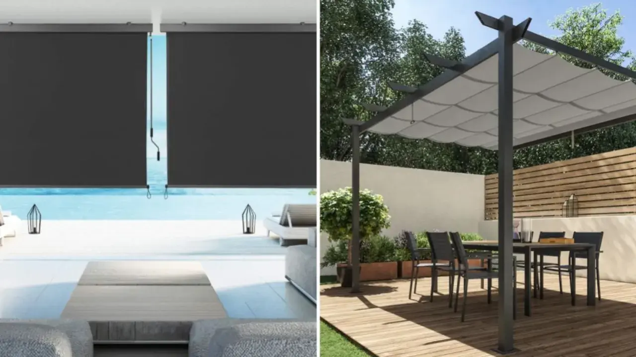 Persianas enrollables y pérgola con toldo: dos ideas para dar sombra en un patio, creando espacios acogedores y funcionales.