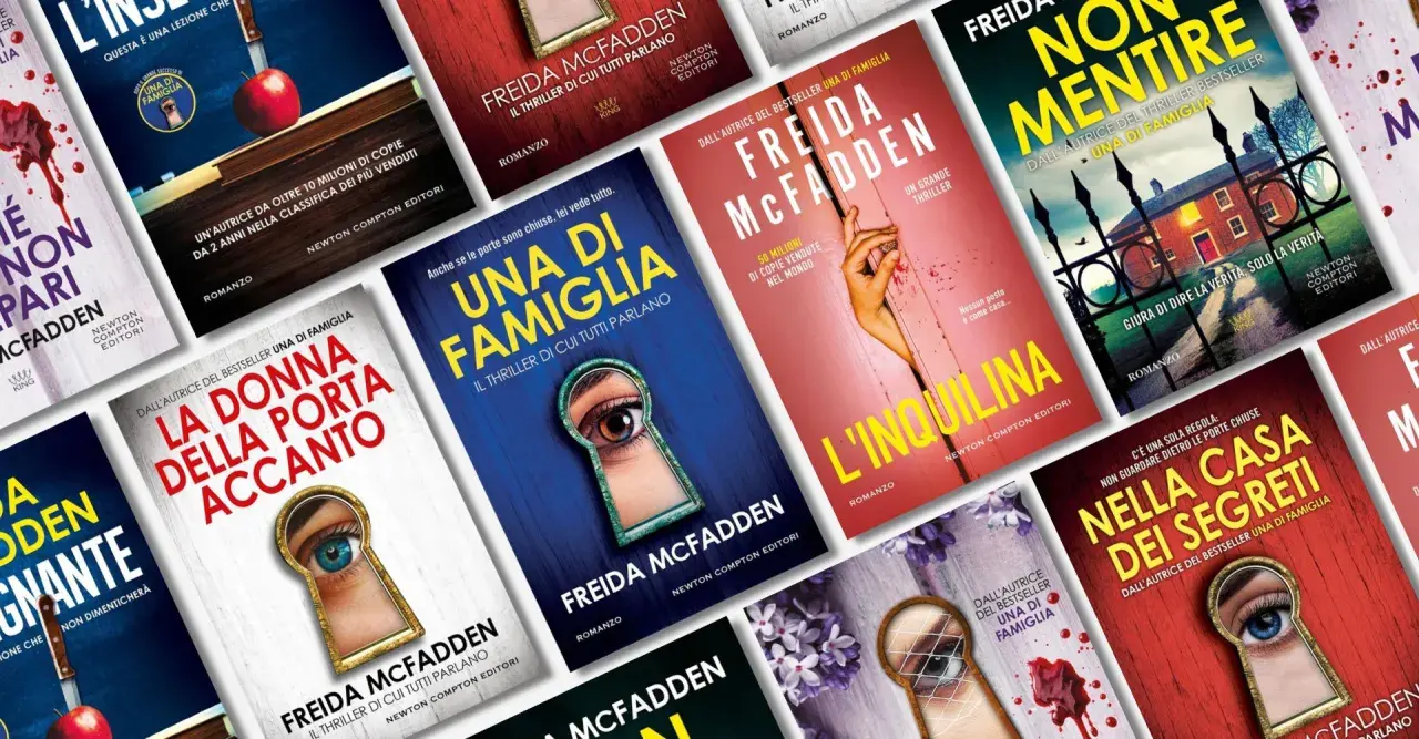 Copertine di thriller di Freida McFadden: "Una di famiglia", "L'inquilina", "Nella casa dei segreti" e altri.