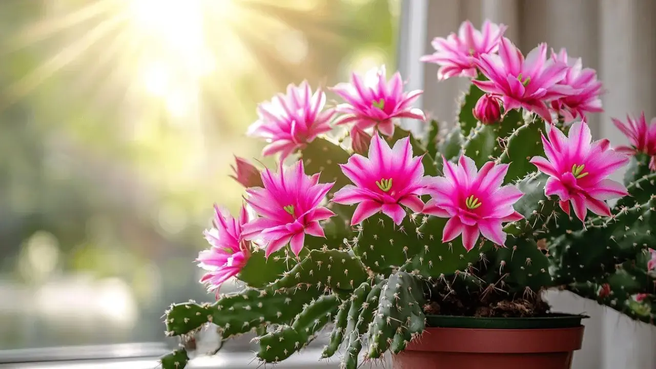 Un cactus de Noël en pleine floraison rose vif, baigné de soleil. Un bel exemple de cactus de Noël entretien réussi.