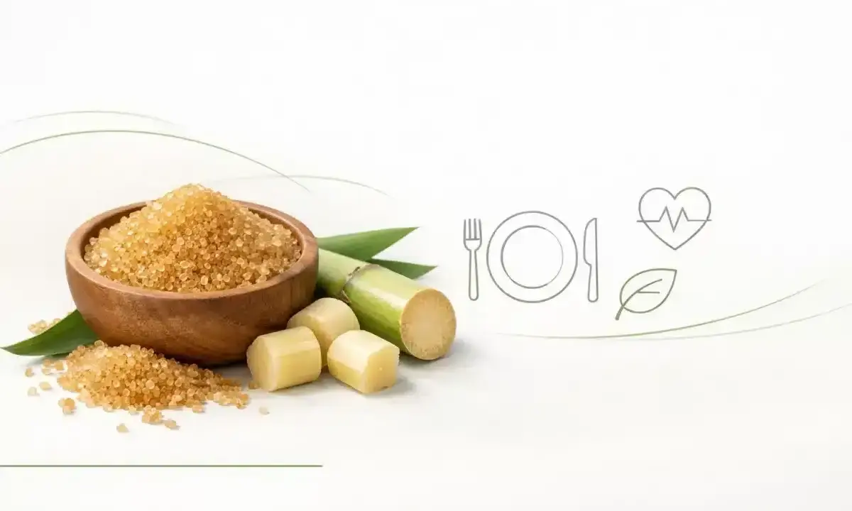 Cukier trzcinowy w misce i kawałki trzciny cukrowej. Czy cukrzyk może używać cukier trzcinowy? Ikony posiłku, serca i liścia sugerują zdrową dietę.