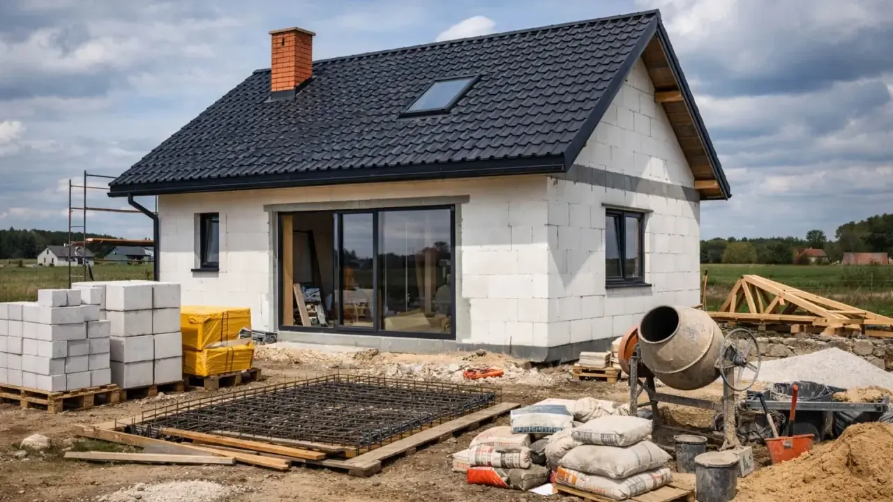 Budowa domu w toku: bloczki, cement, zbrojenie i betoniarka. Zastanawiasz się, ile kosztuje pozwolenie na budowę?