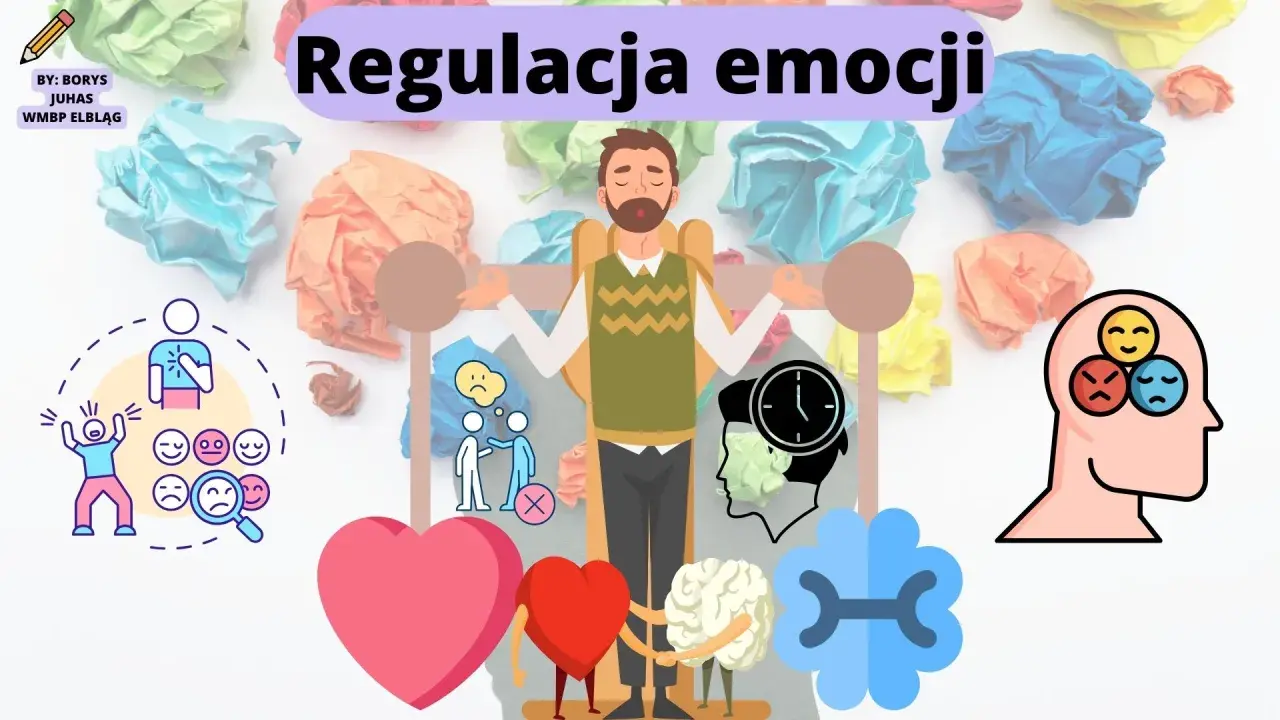 Ilustracja pokazuje, jak emocje wpływają na życie człowieka, od radości do smutku. Centralna postać medytuje, otoczona symbolami emocji i procesów umysłowych.