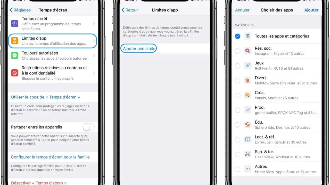 Trois écrans d'iPhone montrant les réglages de l'application "Temps d'écran", permettant de gérer les limites d'utilisation des applications.