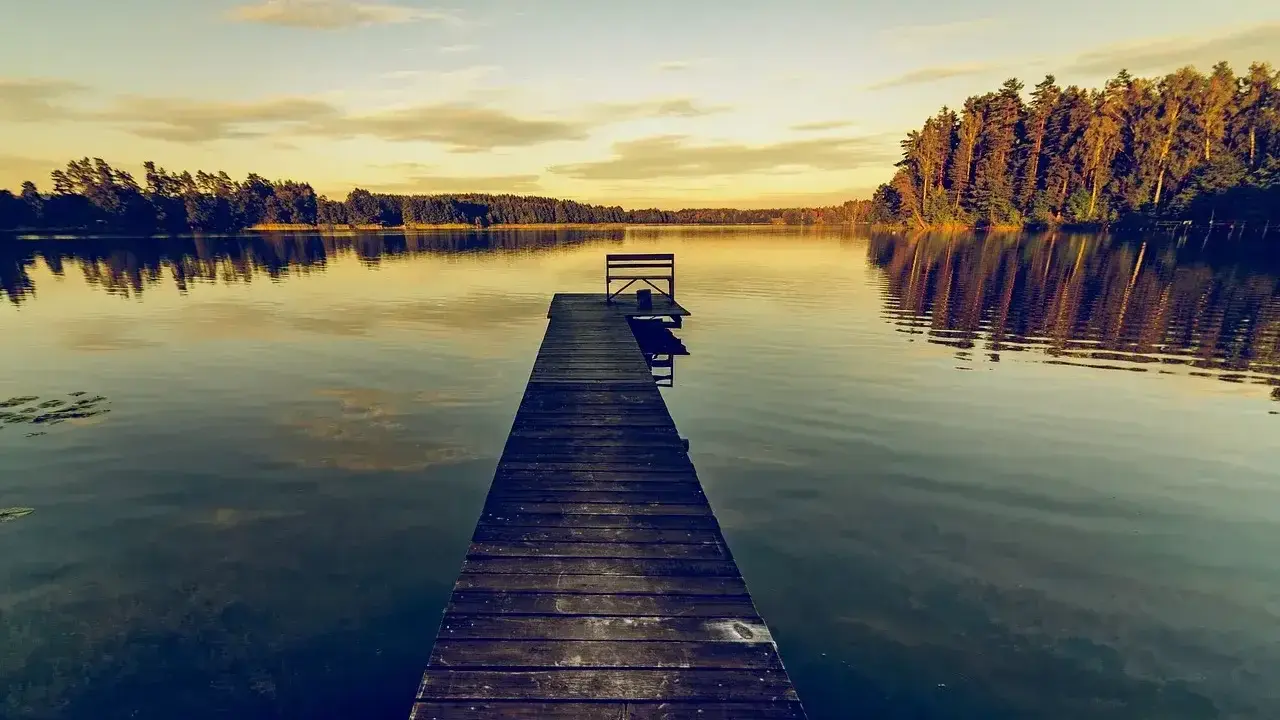 Drewniane molo z ławką na spokojnym jeziorze o zachodzie słońca, otoczone lasem.