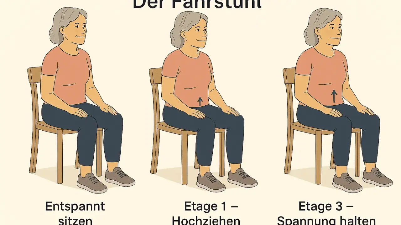Frau übt Beckenbodentraining im Sitzen: entspannt, hochziehen, Spannung halten.