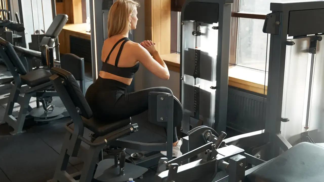 Frau trainiert im Fitnessstudio an einem Gerät für Bauch, Beine und Po.