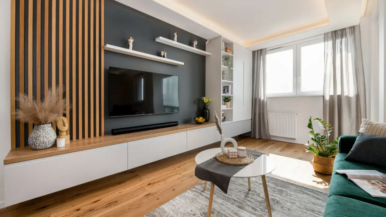Nowoczesny salon z lamelami inspiracje: drewniane panele, szara ściana z TV, białe meble i zielona kanapa tworzą przytulną przestrzeń.