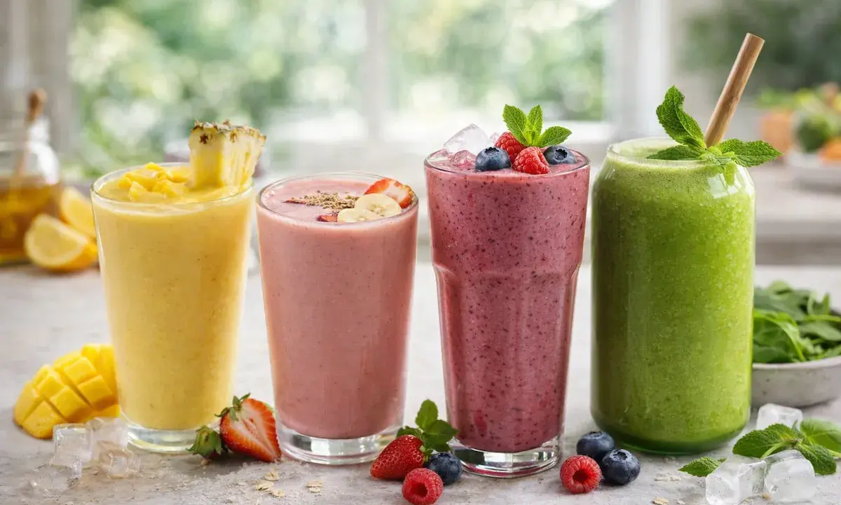 Cuatro batidos de frutas coloridos: amarillo, rosa, morado y verde, decorados con frutas frescas y menta.