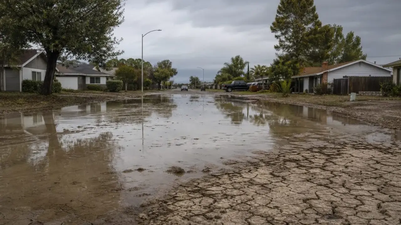 Rue résidentielle inondée, avec des maisons et des voitures. Le sol craquelé suggère une sécheresse suivie d'une forte pluie. Suis-je en zone inondable ?