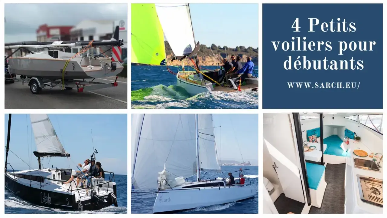 4 petits voiliers pour débutants : un sur remorque, un en action avec équipage, un autre naviguant, et l'intérieur d'un bateau.