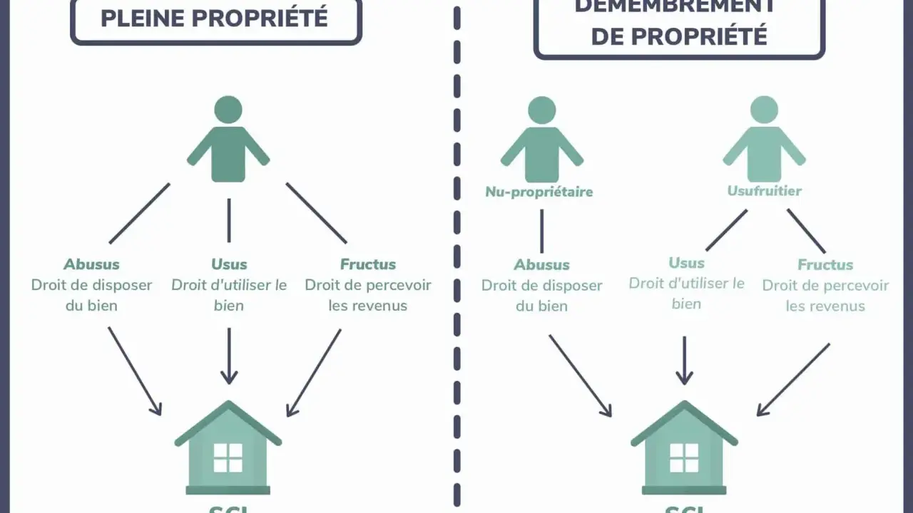 Schéma comparant pleine propriété et démembrement. La nue propriété est séparée de l'usufruit, chacun ayant des droits distincts sur le bien.