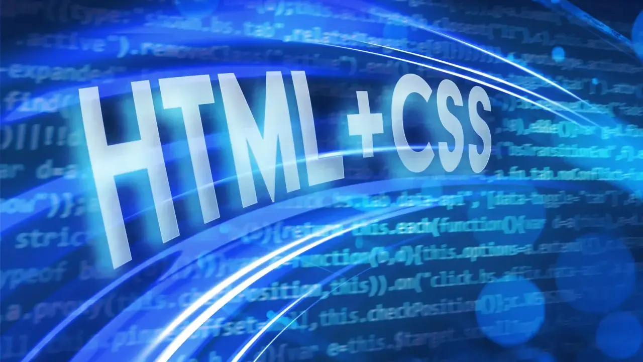 Napis HTML+CSS na tle kodu programistycznego w kolorach niebieskim i białym.