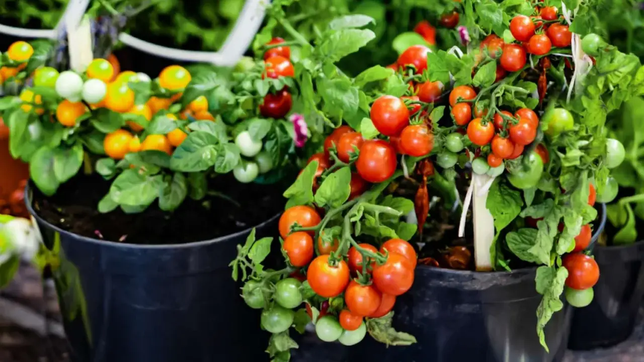 Pots overflowing with ripe red and green tomatoes, showcasing how to grow tomatoes in pots for a bountiful harvest.