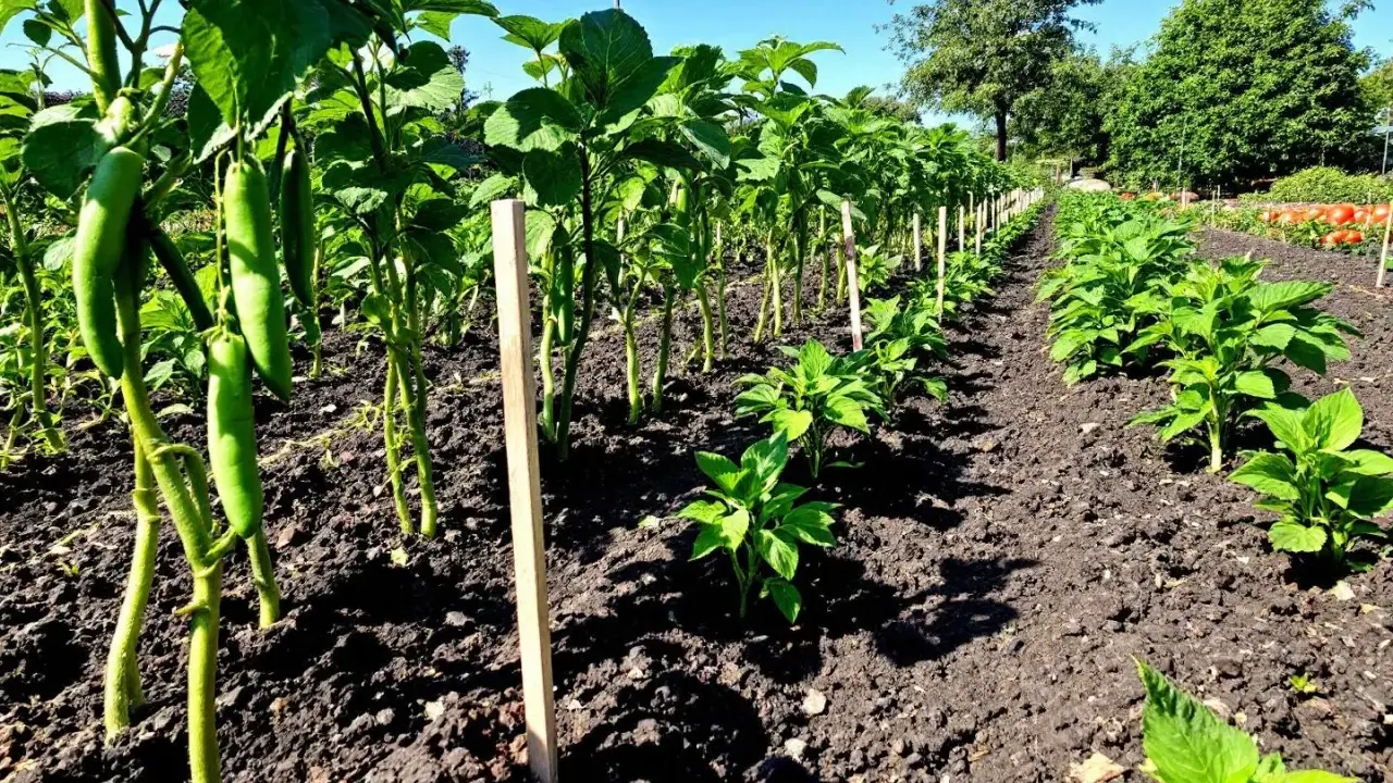 Légumes en rangs, poivrons verts pendant. Idéal pour savoir quels légumes planter en juillet août.