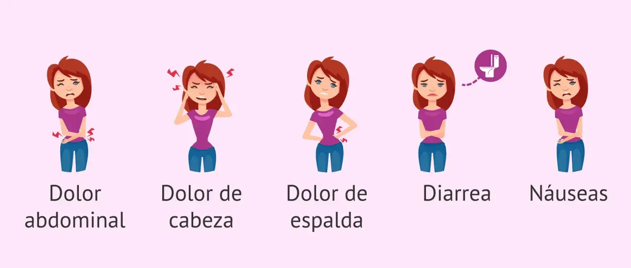 Ilustración de mujer con dolor menstrual, mostrando síntomas como dolor abdominal, de cabeza, de espalda, diarrea y náuseas.