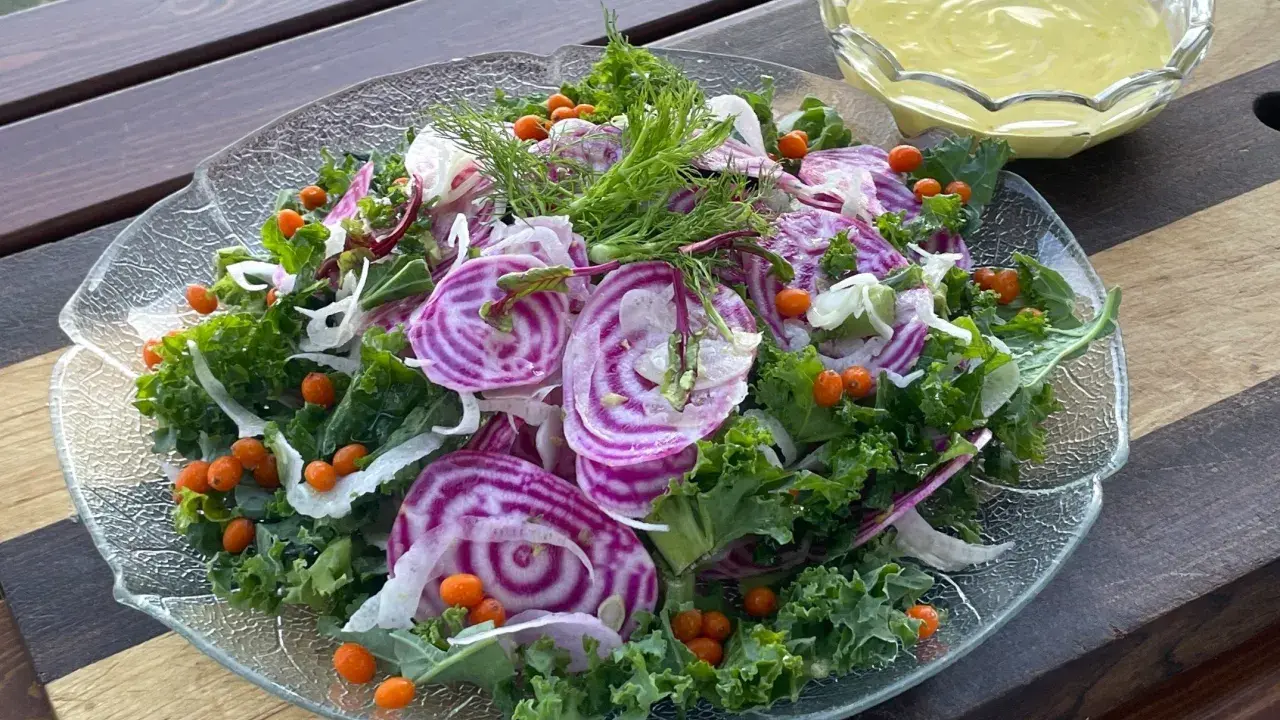 En färgglad sallad med rödbetor, grönkål och havtorn, perfekt som en frisk sallad till julbordet.