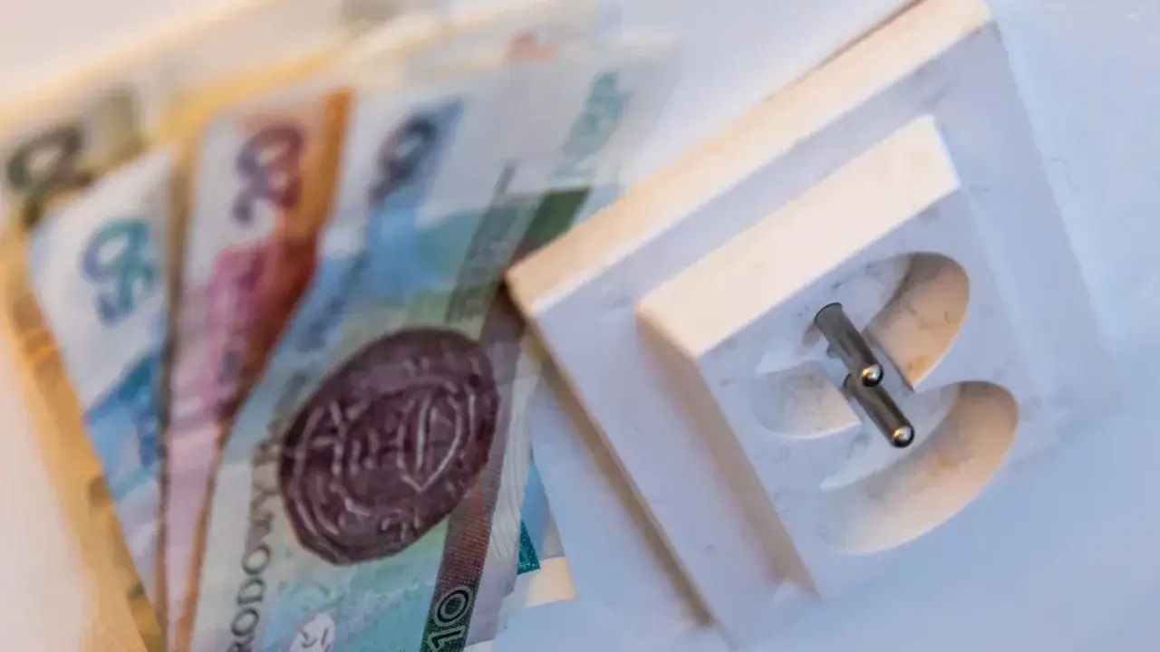 Pieniądze leżą obok gniazdka elektrycznego. Czy to symbolizuje pge brak faktury i rachunków do zapłaty?