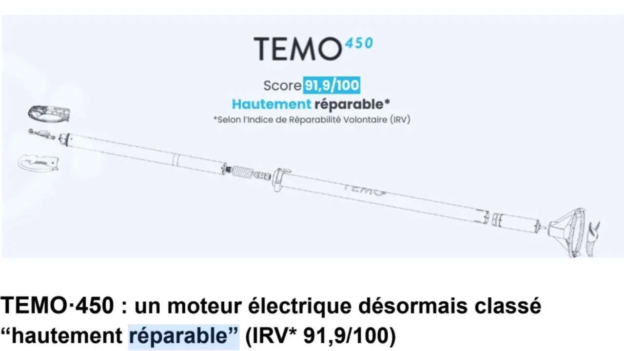 TEMO-450 : un moteur électrique désormais classé "hautement réparable" (IRV* 91,9/100). Le TEMO 450 obtient un score de 91,9/100.