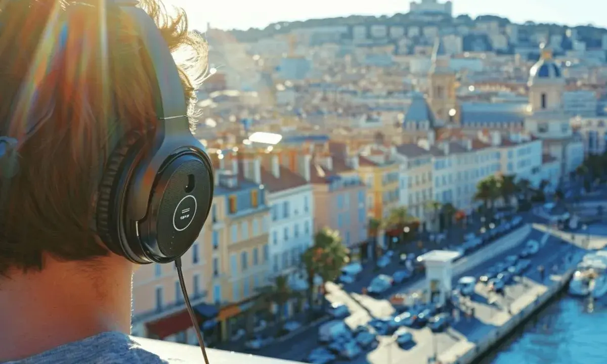 Personne avec des écouteurs, profitant de la musique persane face à une ville ensoleillée.