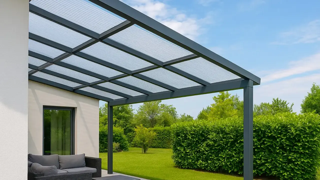 Pergola en polycarbonate moderne, offrant un espace extérieur agréable. Avis positifs sur sa durabilité et son esthétique.
