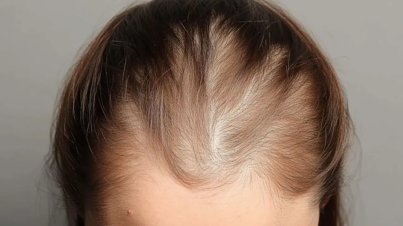 Chevelure clairsemée, signe possible de perte de cheveux carence. Le cuir chevelu est visible par endroits.
