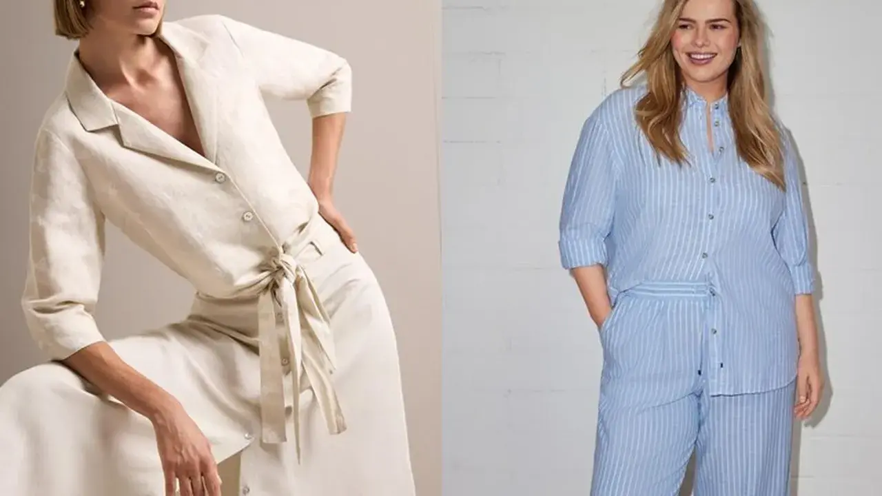Zwei Frauen in Leinen-Outfits. Leinen vorteile: atmungsaktiv, kühlend. Nachteile: knittert leicht.