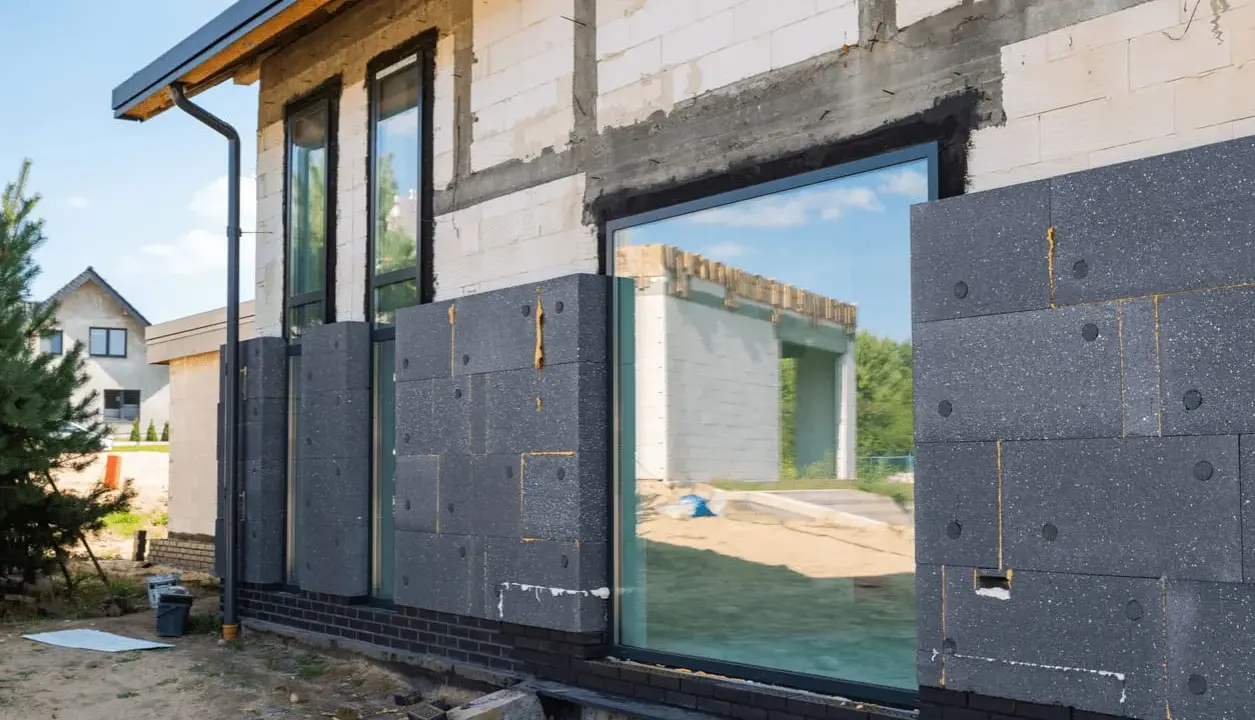 Panneaux de polystyrène gris fixés sur le mur d'une maison en construction, étape de l'isolation par l'extérieur.