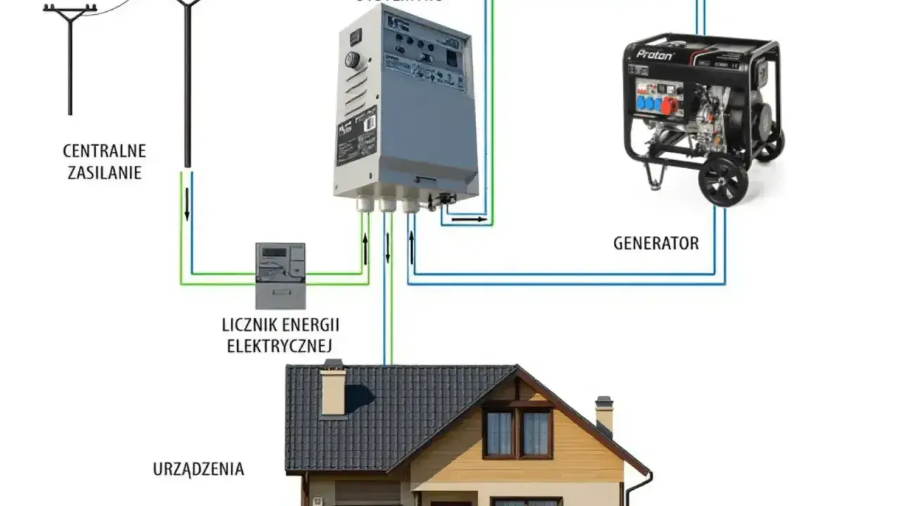 Schemat podłączenia generatora prądu 230V z systemem ATS do domu. Jak zrobić automatyczne przełączanie zasilania.
