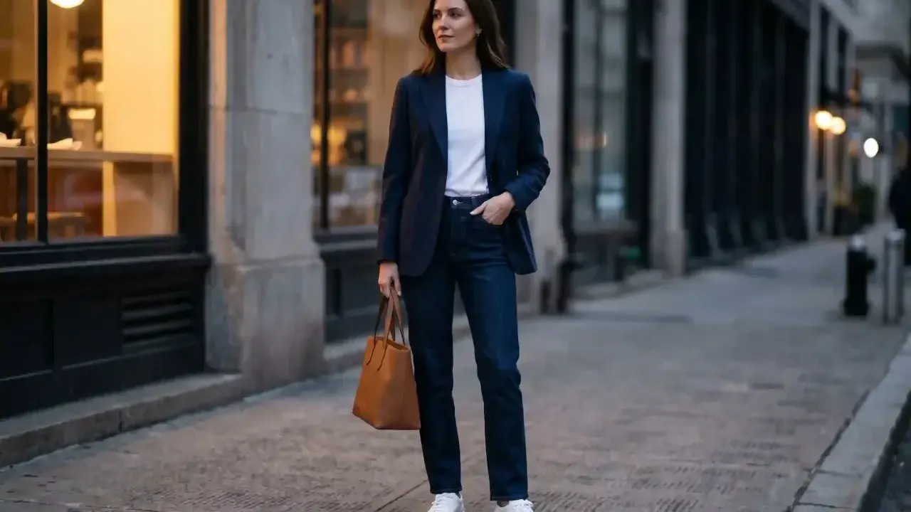 Kobieta w granatowej marynarce, białej koszulce i jeansach, z brązową torbą. Idealny przykład **smart casual dress code** na miejski spacer.