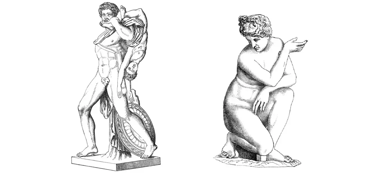 Zwei antike Skulpturen: ein Mann, der ein Kind trägt, und eine kniende Frau. Der Mann könnte Achilles, der Gott, sein.