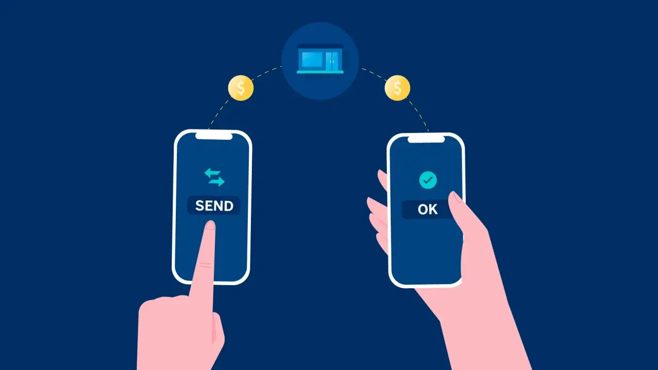 Manos intercambiando dinero digitalmente. Una pantalla muestra "SEND", la otra "OK". ¿Cuanto tarda una transferencia?