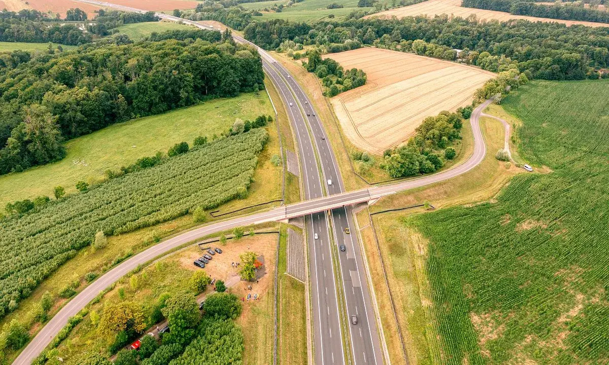 Nowa sól trasa przecina zielone pola i lasy, łącząc odległe zakątki. Widok z lotu ptaka ukazuje drogę, most i samochody w ruchu.
