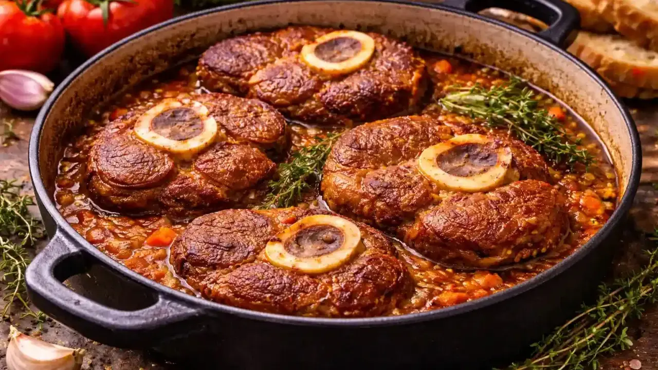 Cuatro rodajas de osobuco cocinándose en una cazuela con verduras y hierbas. El tuétano asoma en el centro de cada corte, revelando de donde sale el osobuco.