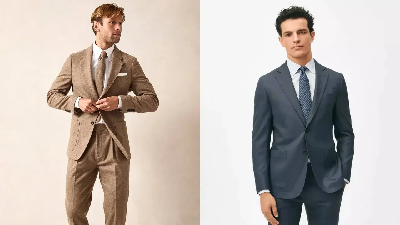Two men in suits. The man on the left wears a brown tweed suit, demonstrating what is semiformal. The man on the right wears a dark grey suit.