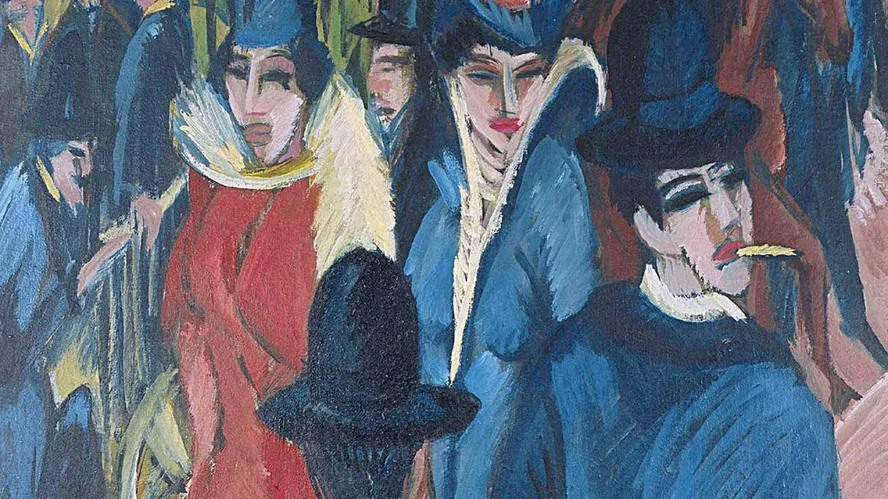 Expressionismus vertreter: Menschen mit markanten Gesichtern und Hüten in leuchtenden Farben. Ein Mann raucht, eine Frau trägt einen blauen Mantel.