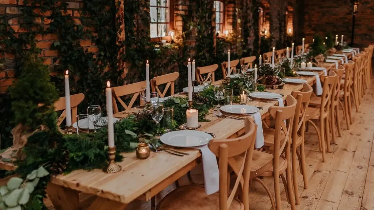 Uroczysty slub zima w industrialnym wnętrzu. Długi, drewniany stół udekorowany zielenią, szyszkami i świecami, tworzy magiczną atmosferę.