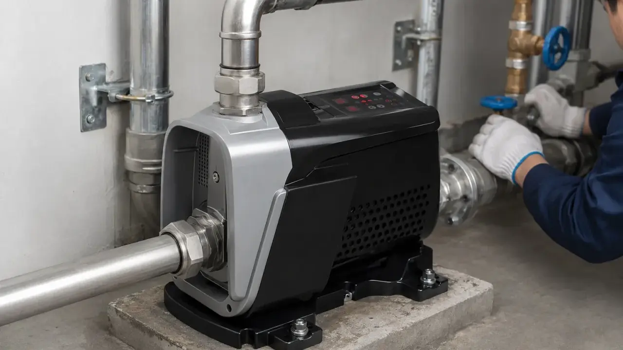 Pompa per acqua con pannello digitale. Un tecnico con guanti bianchi regola una valvola, forse per controllare il rumore pressione acqua.