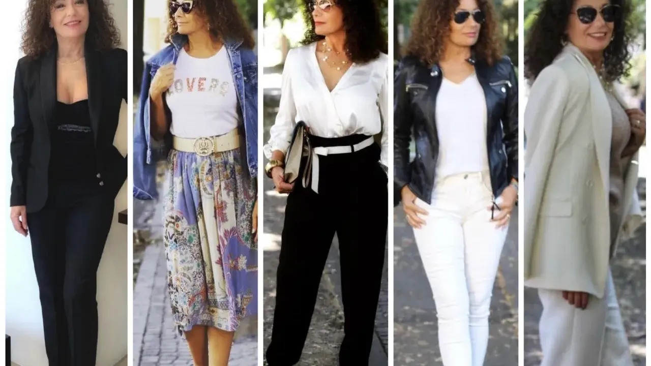 Donna con capelli ricci sfoggia diversi outfit eleganti, dimostrando il suo innato senso dello stile.